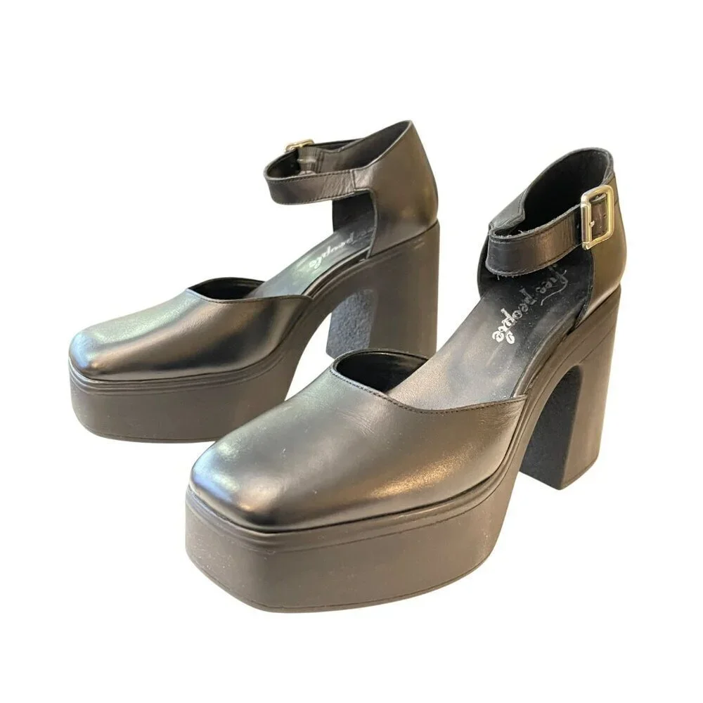 Free People Black Leather Gwen Platform Mary Jane Heels NEW Sz 39 US 9